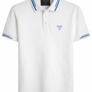 GUESS POLO BĂRBAȚI ALB CU GULER CONTRASTANT ALBASTRU ȘI LOGO