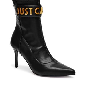 JUST CAVALLI – BOTINE NEGRE ELEGANTE CU TOC ÎNALT ȘI LOGO AURIU