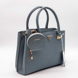 GUESS – GEANTĂ MEDIE GRI DIN PIELE SAFFIANO CU DETALII AURII ȘI PORTOFEL DETASABIL