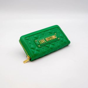 PORTOFEL DAMĂ LOVE MOSCHINO VERDE MATLASAT CU FERMOAR – GREEN QUILTED ZIP WALLET