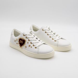 DOLCE & GABBANA SNEAKERS DAMĂ - WHITE LEATHER GOLD RED HEART