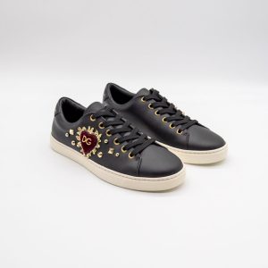 DOLCE & GABBANA SNEAKERS DAMĂ - BLACK LEATHER GOLD RED HEART